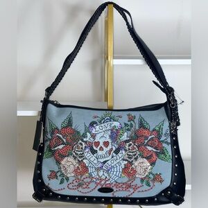 ED HARDY DENIM SKULL, RHINESTONES and FLOWERS SHOULDER BAG